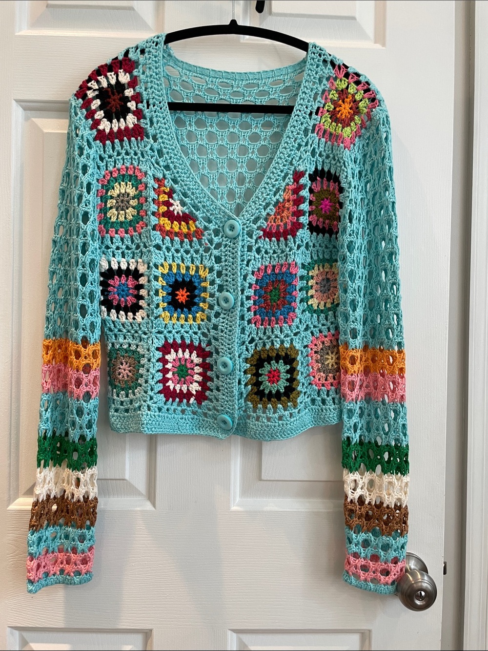 Crochet Patchwork Cardigan NWOT Aqua Multi